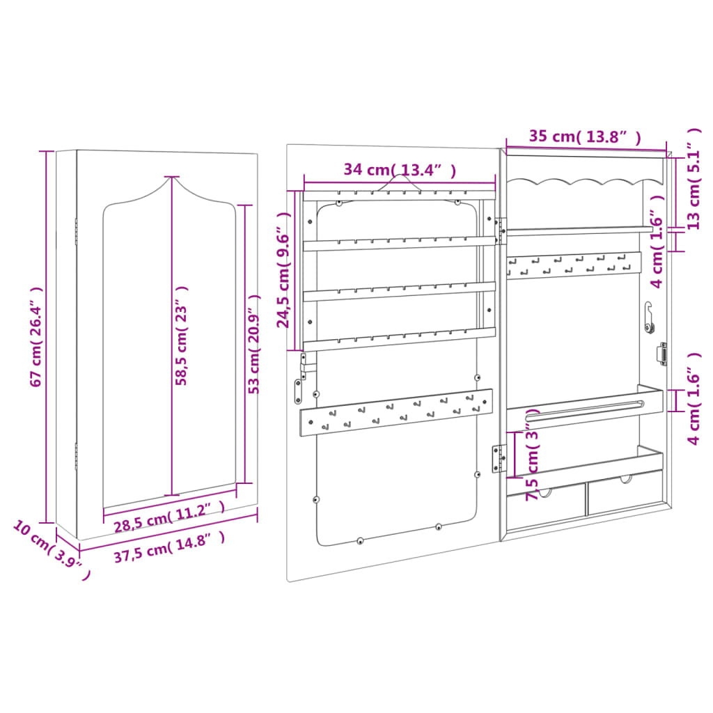 vidaXL Mirror Jewellery Cabinet Wall Mounted White 37.5x10x67 cm