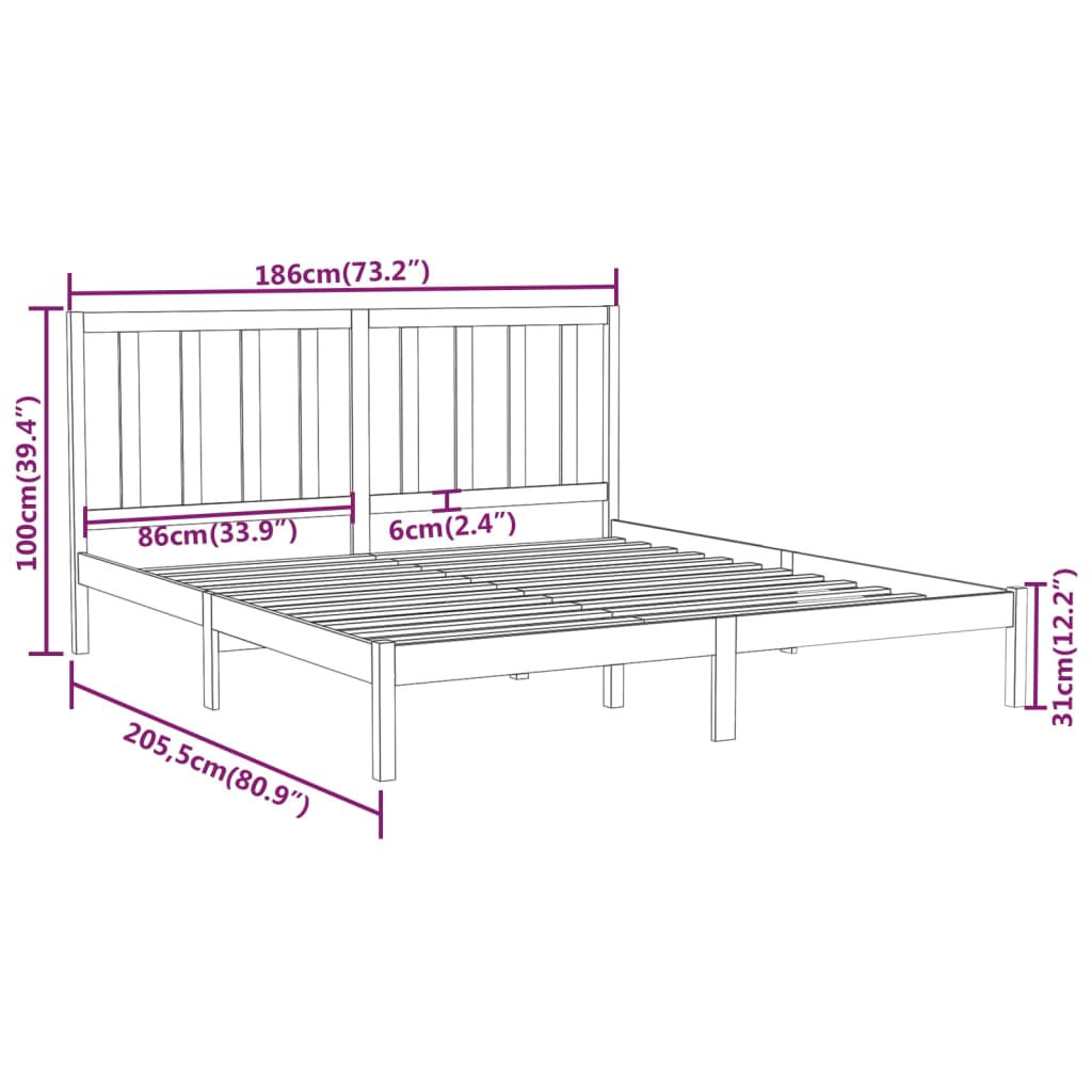 vidaXL Bed Frame without Mattress Black 180x200 cm Super King Solid Wood