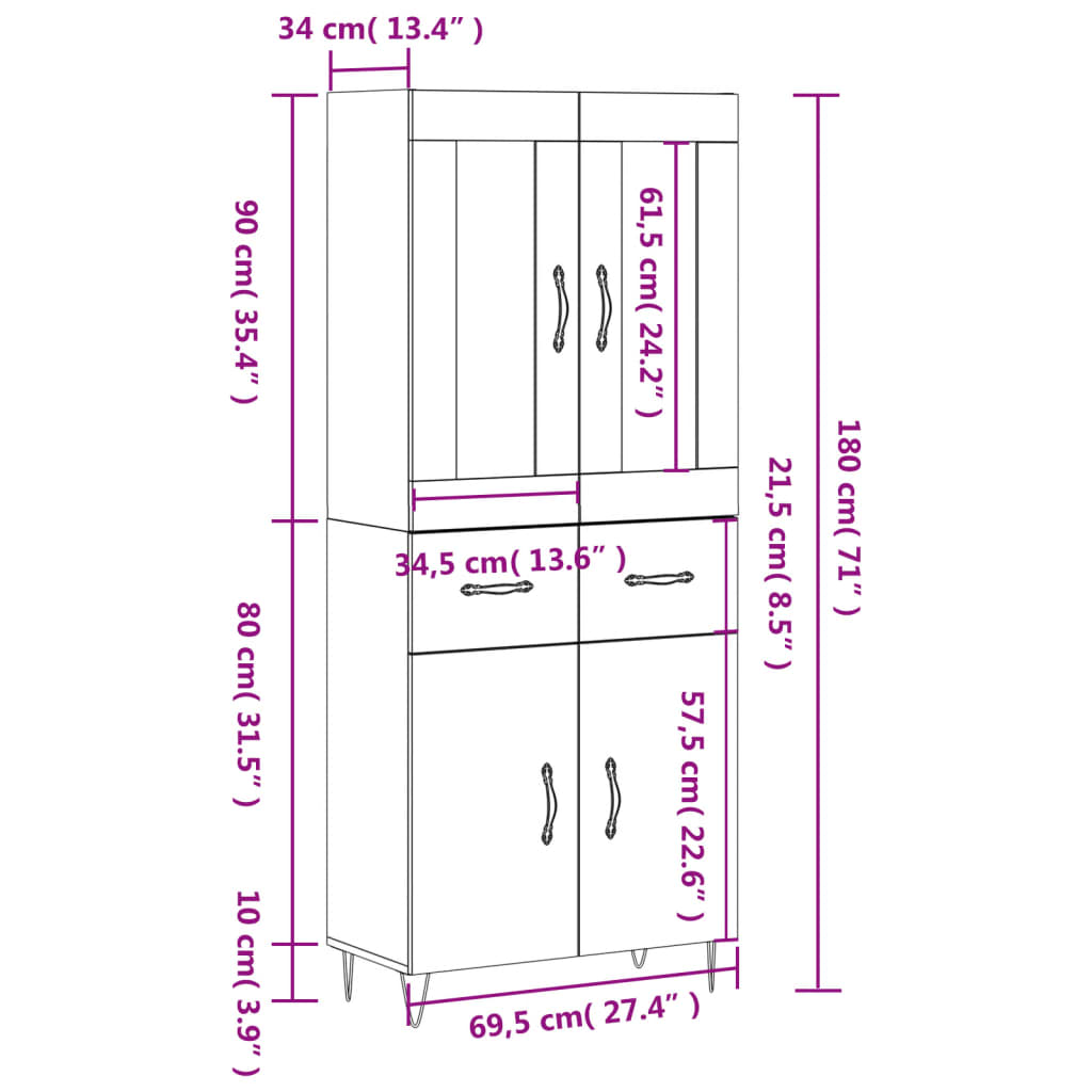 vidaXL Highboard White 69.5x34x180 cm Engineered Wood