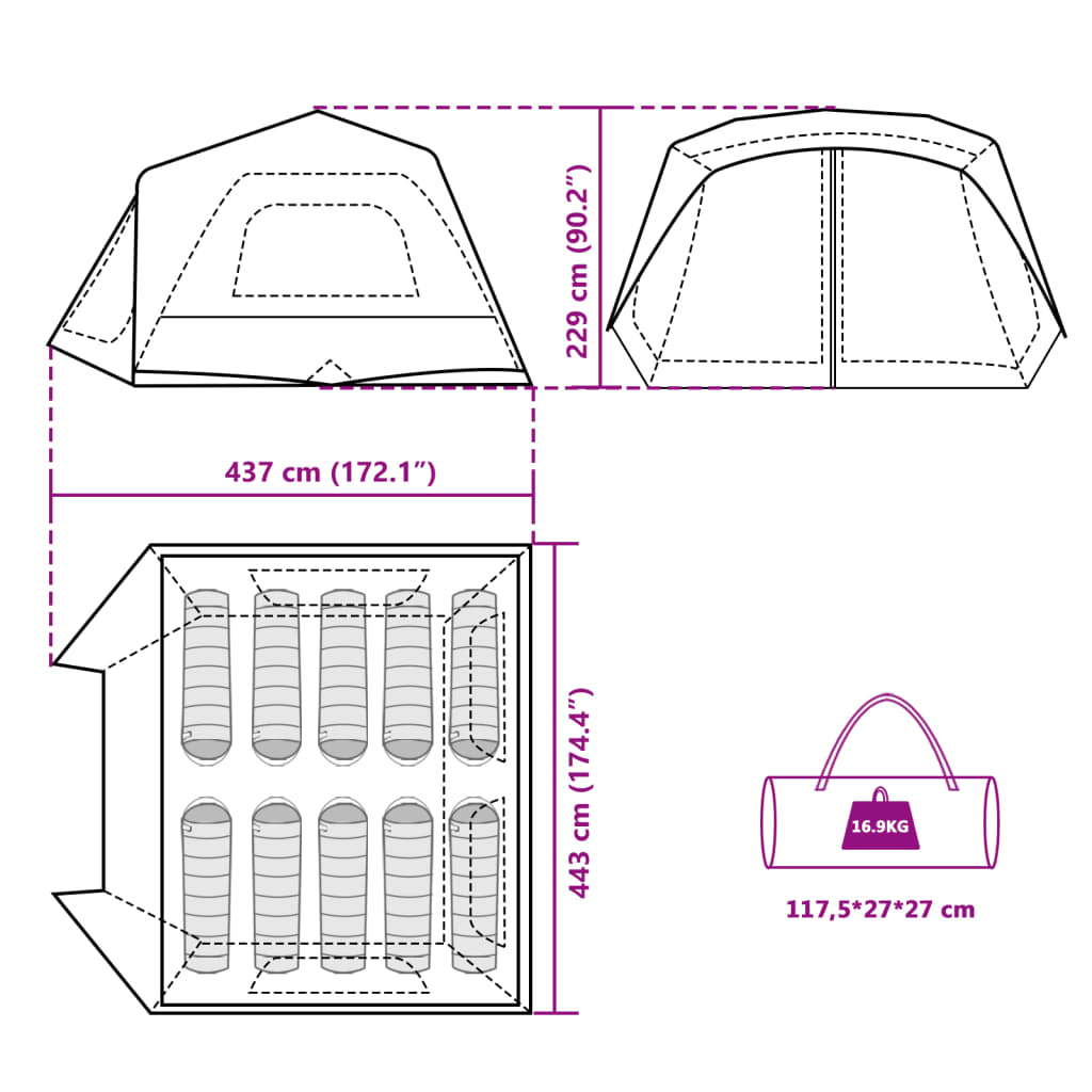 vidaXL Family Tent 10-Person Green Quick Release Waterproof