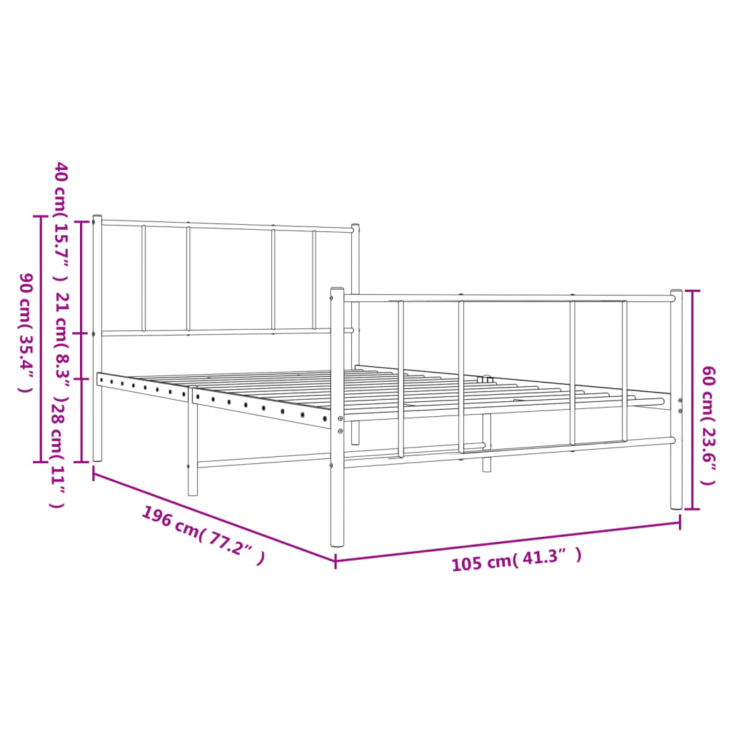 vidaXL Metal Bed Frame without Mattress with Footboard Black 100x190 cm