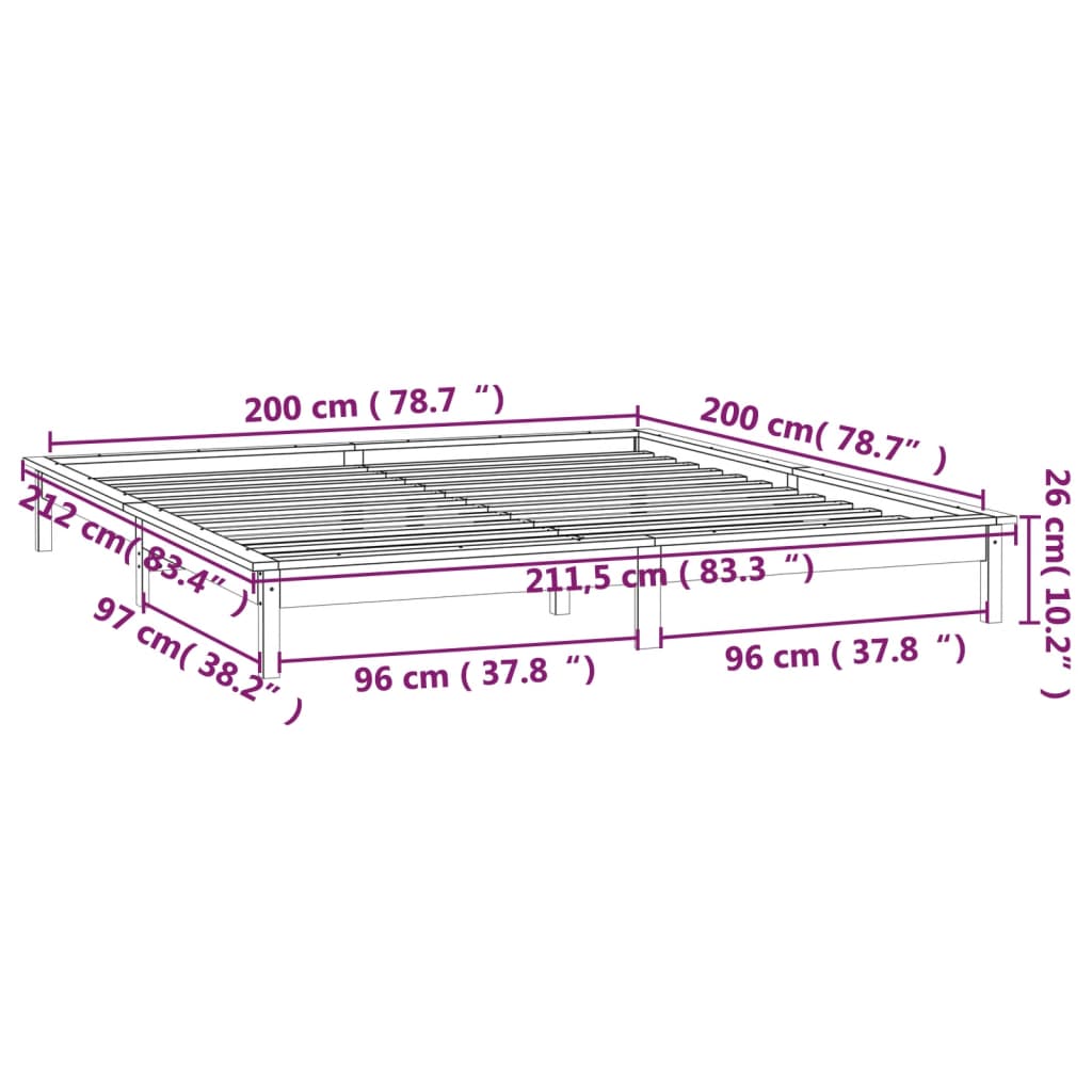 vidaXL LED Bed Frame without Mattress Black 200x200 cm Solid Wood