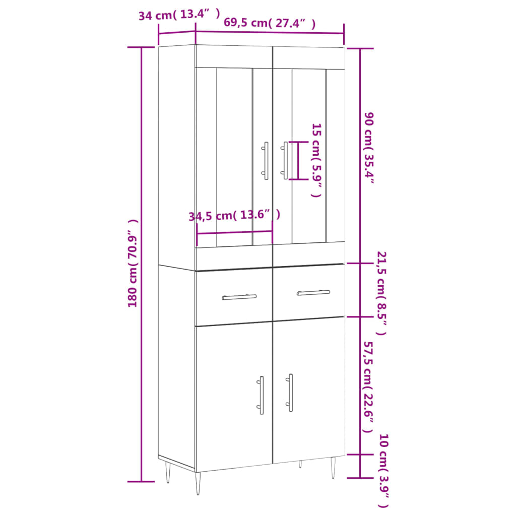 vidaXL Highboard Brown Oak 69.5x34x180 cm Engineered Wood