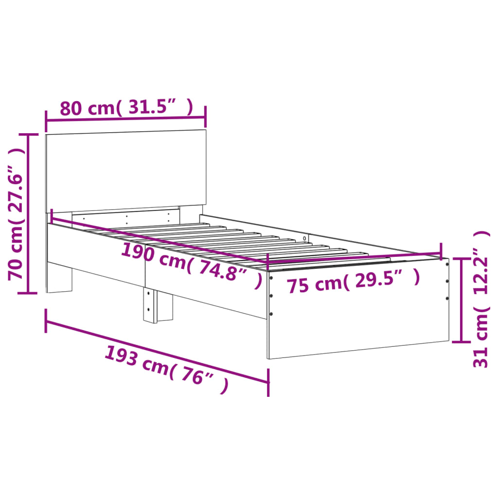 vidaXL Bed Frame without Mattress with LED Lights Grey Sonoma 75x190 cm Small Single