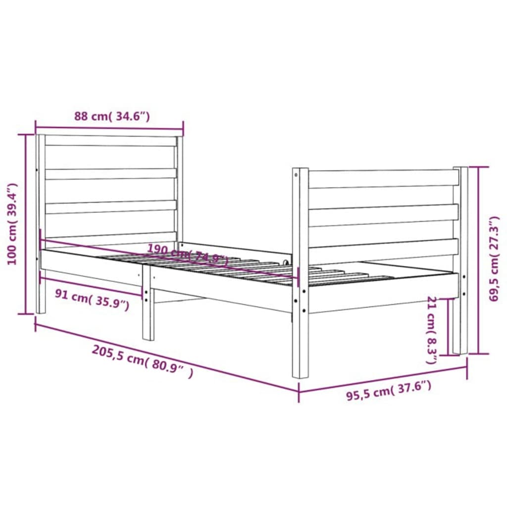 vidaXL Bed Frame without Mattress Black Solid Wood Pine 90x200 cm