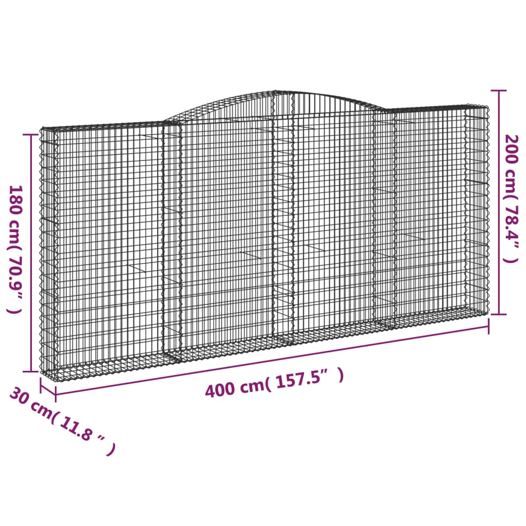 vidaXL Arched Gabion Baskets 2 pcs 400x30x180/200 cm Galvanised Iron