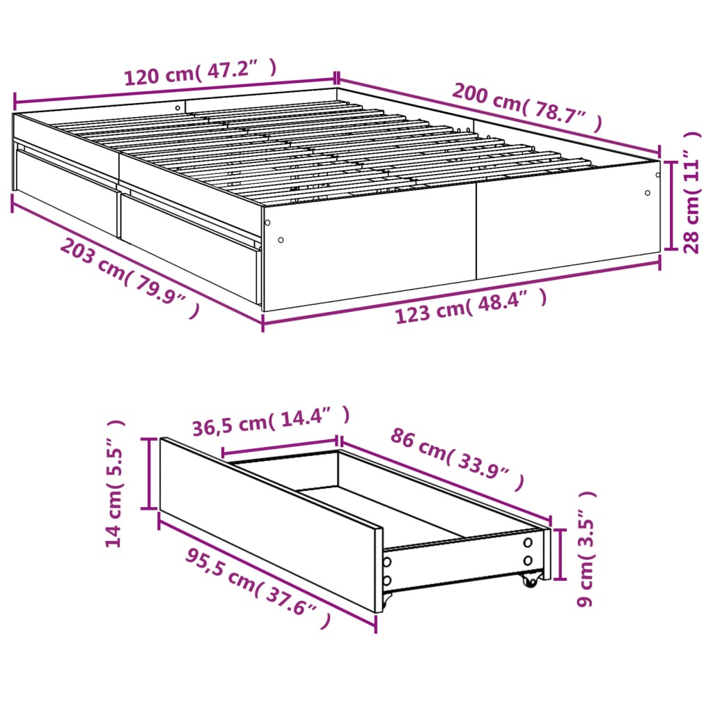 vidaXL Bed Frame with Drawers without Mattress Grey Sonoma 120x200 cm