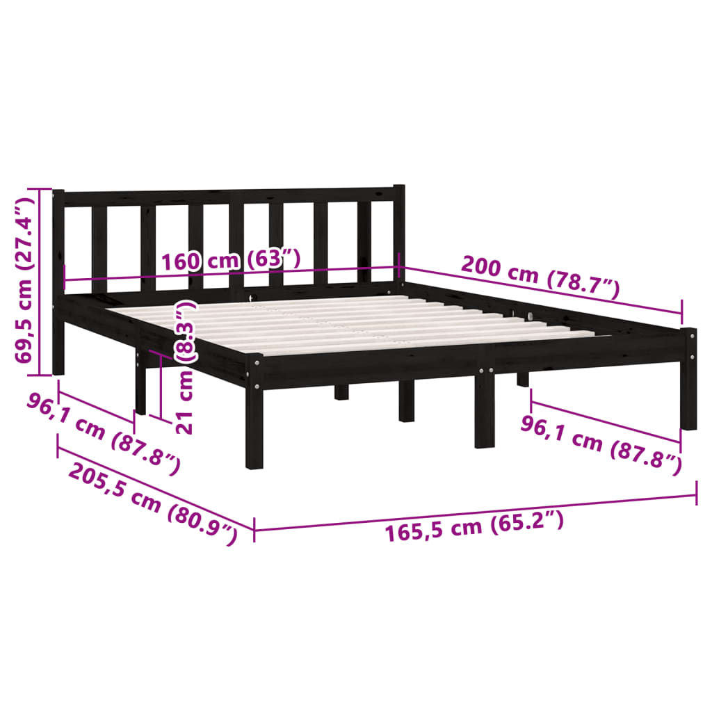 vidaXL Bed Frame without Mattress Black Solid Wood 160x200 cm