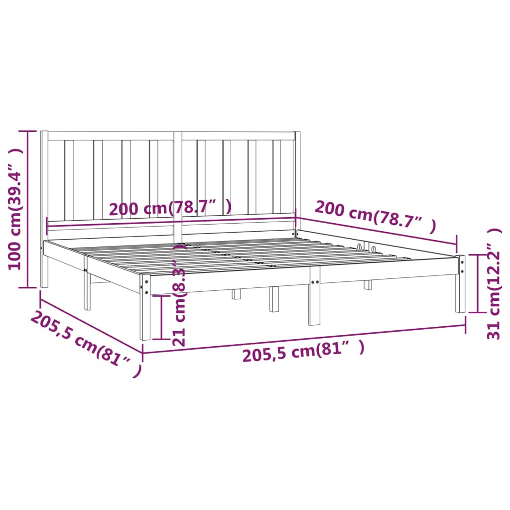 vidaXL Bed Frame without Mattress Black Solid Wood Pine 200x200 cm