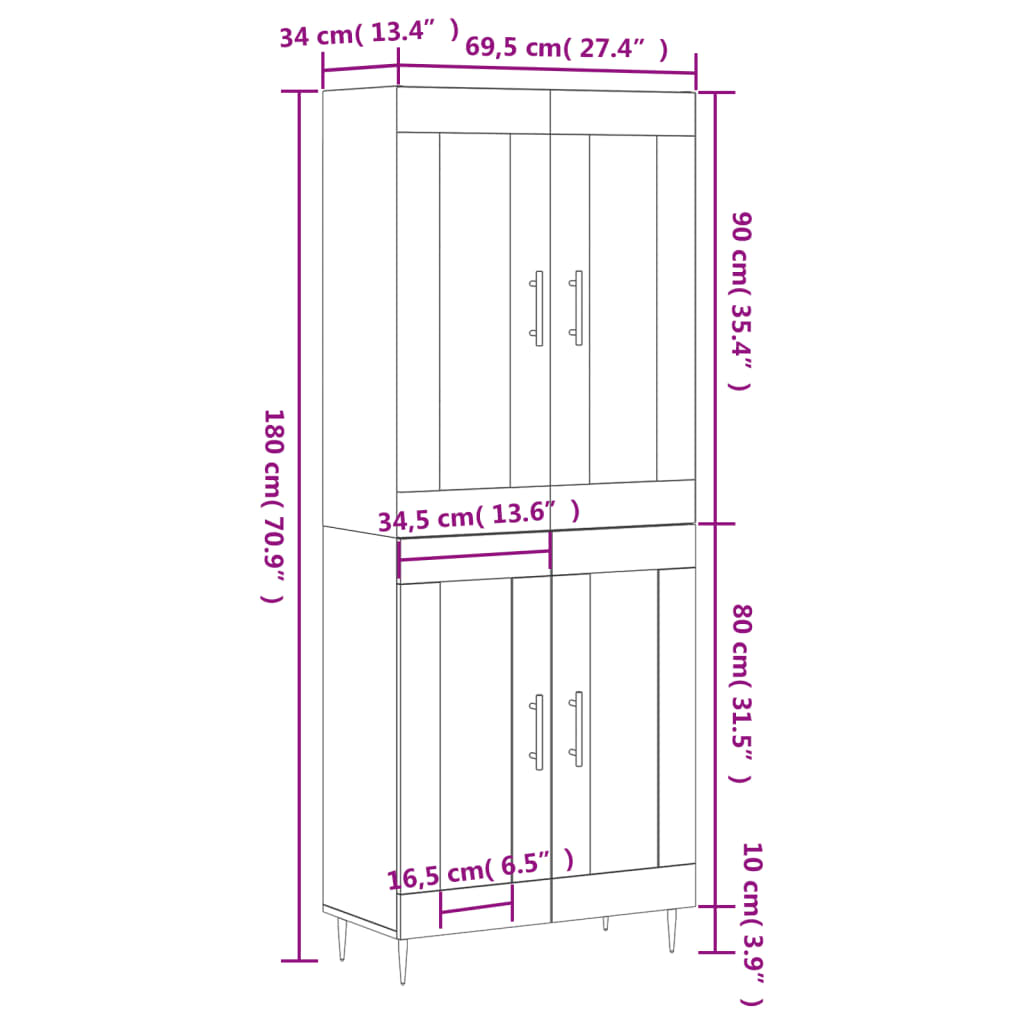 vidaXL Highboard Grey Sonoma 69.5x34x180 cm Engineered Wood