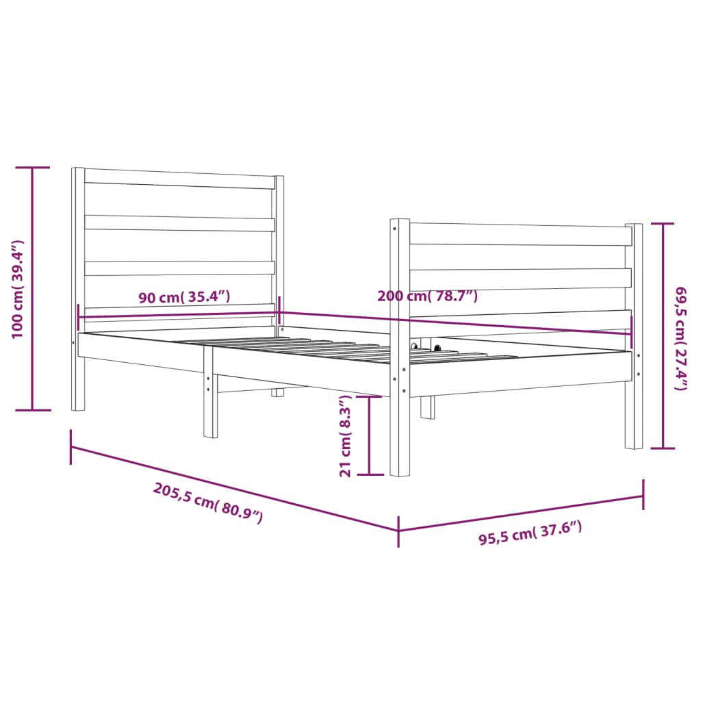 vidaXL Bed Frame without Mattress Honey Brown Solid Wood Pine 90x200 cm