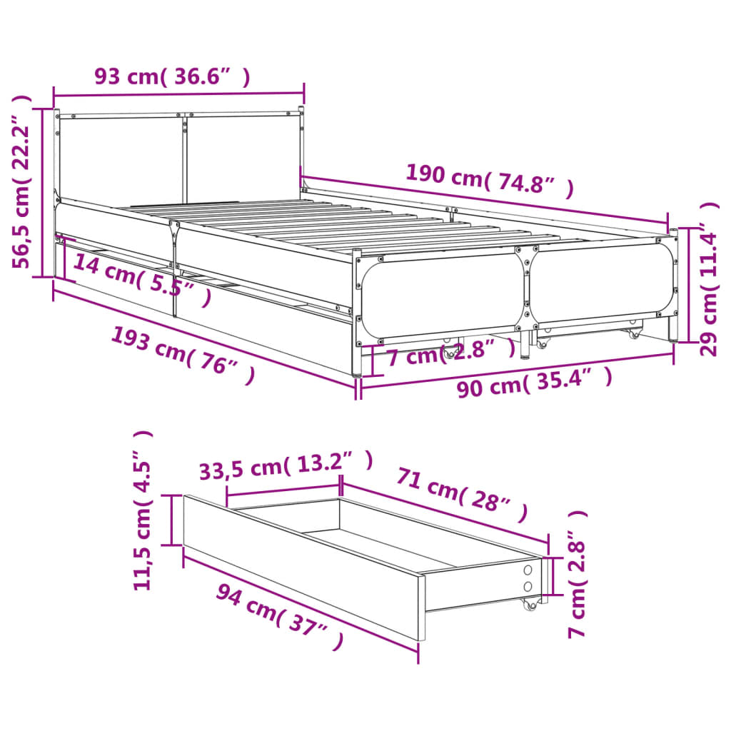 vidaXL Bed Frame with Drawers without Mattress Black 90x190 cm Single