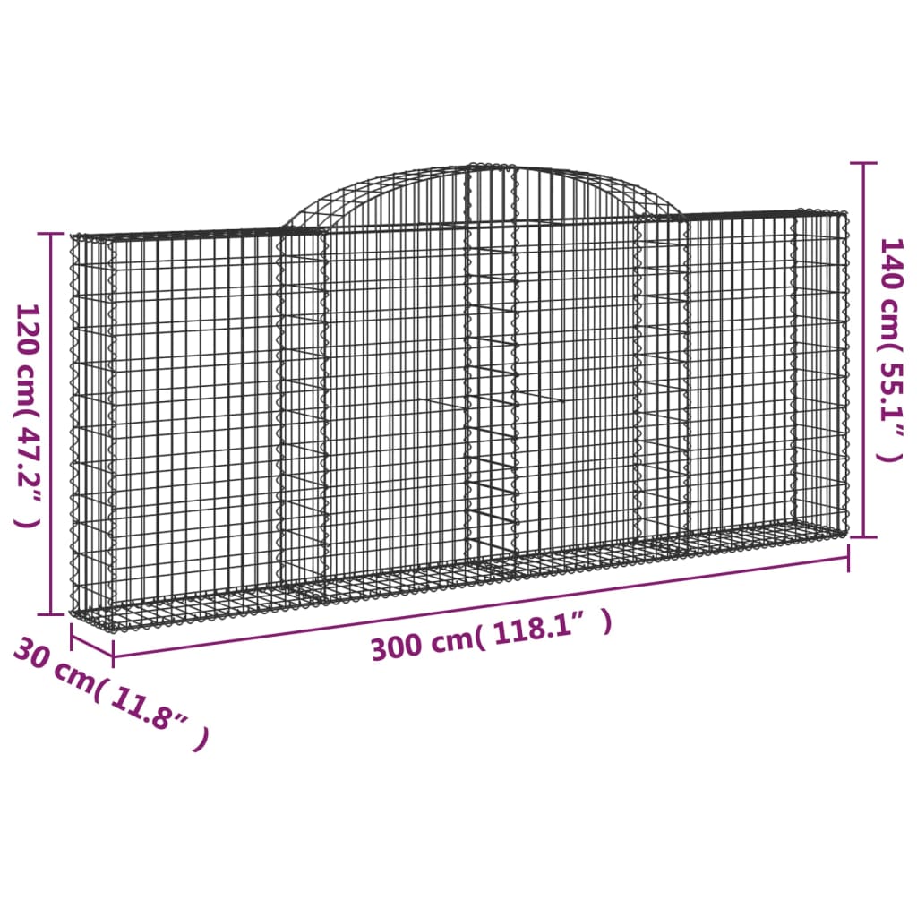 vidaXL Arched Gabion Baskets 4 pcs 300x30x120/140 cm Galvanised Iron