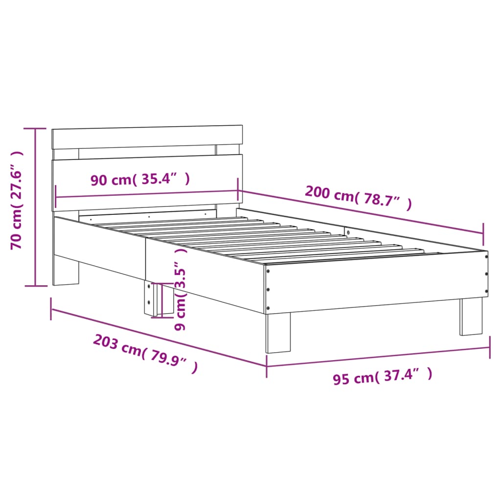 vidaXL Bed Frame without Mattress with Headboard White 90x200 cm