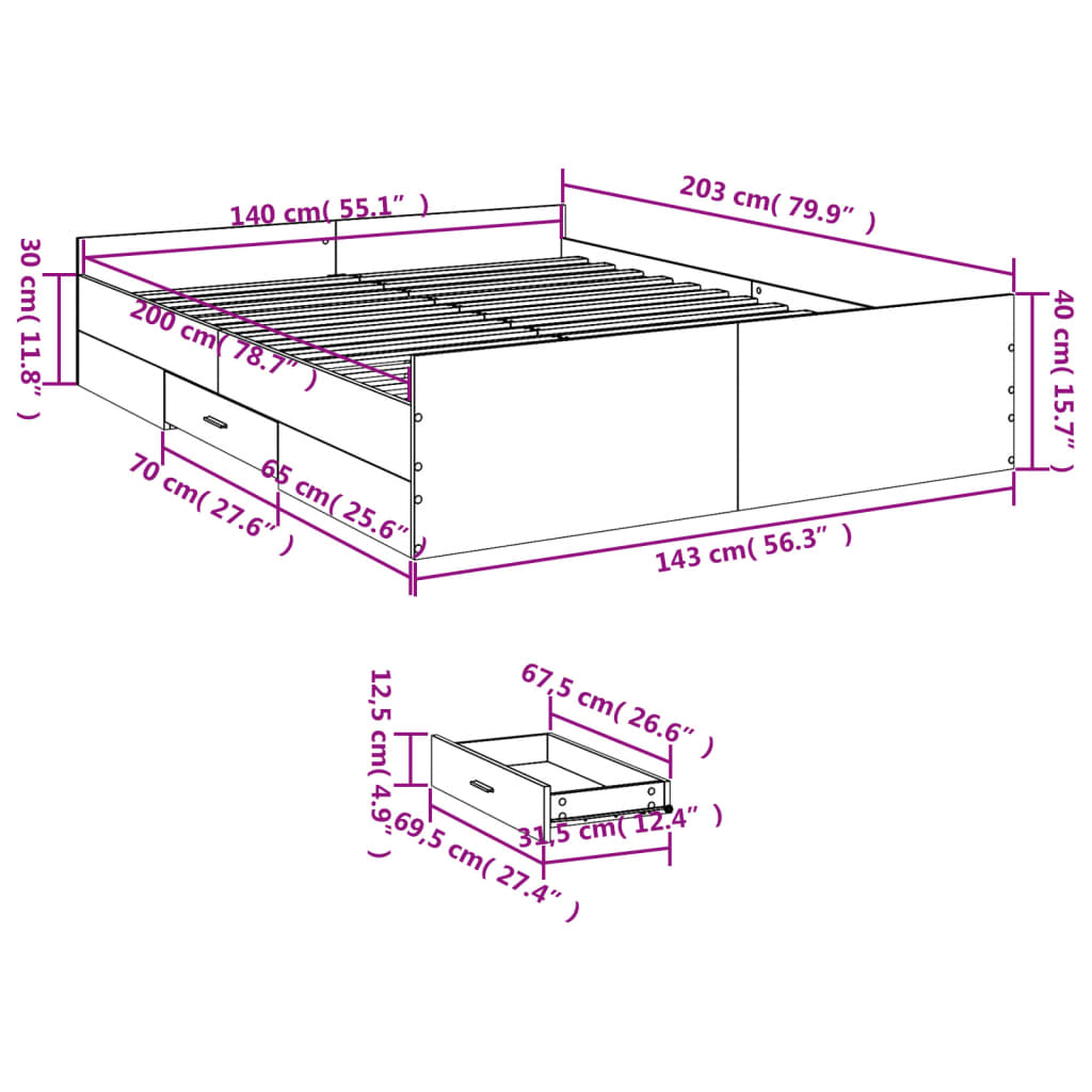 vidaXL Bed Frame with Drawers without Mattress Sonoma Oak 140x200 cm