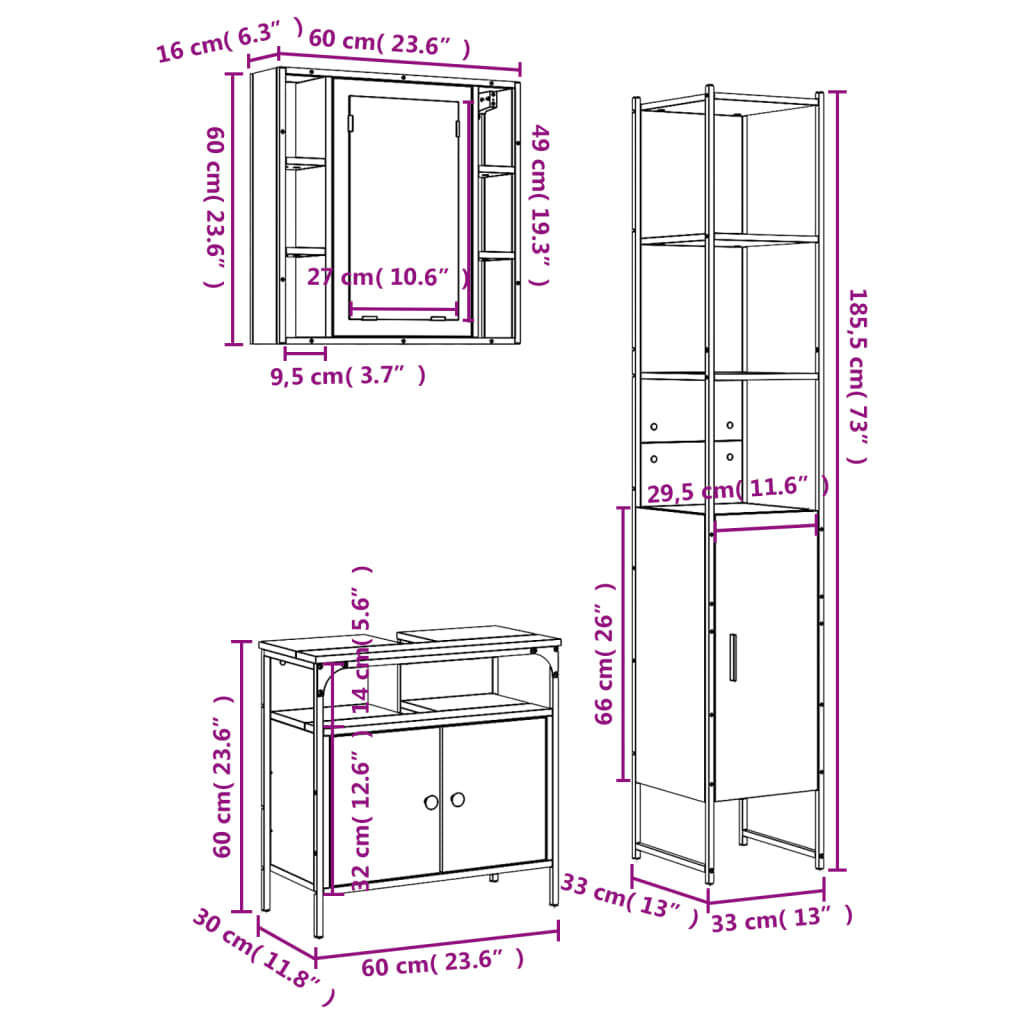 vidaXL 3 Piece Bathroom Cabinet Set Black Engineered Wood