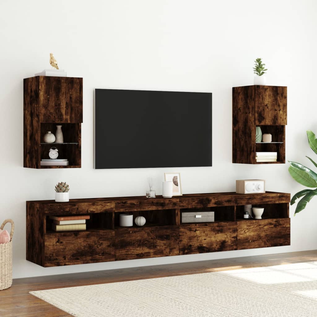 vidaXL TV Cabinets with LED Lights 2 pcs Smoked Oak 30.5x30x60 cm