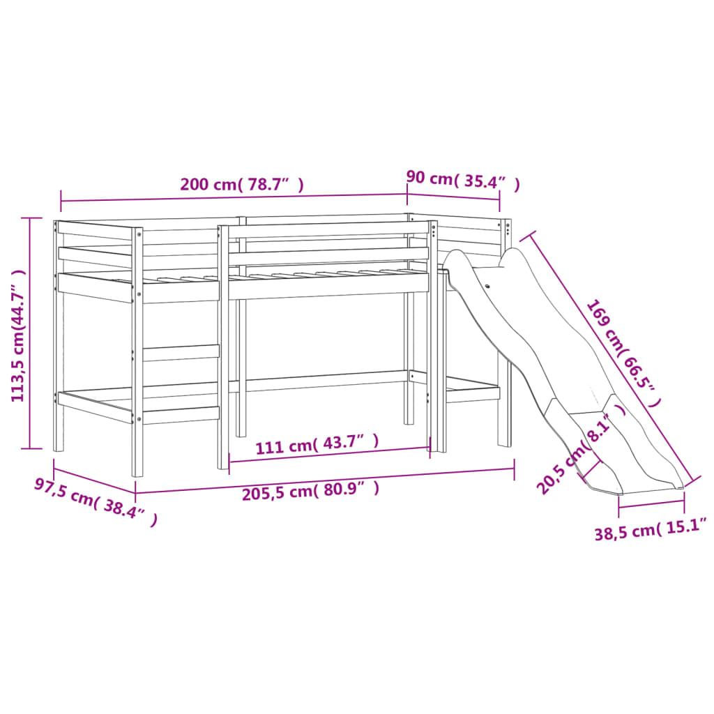 vidaXL Kids' Loft Bed with Tower without Mattress Blue 90x200 cm