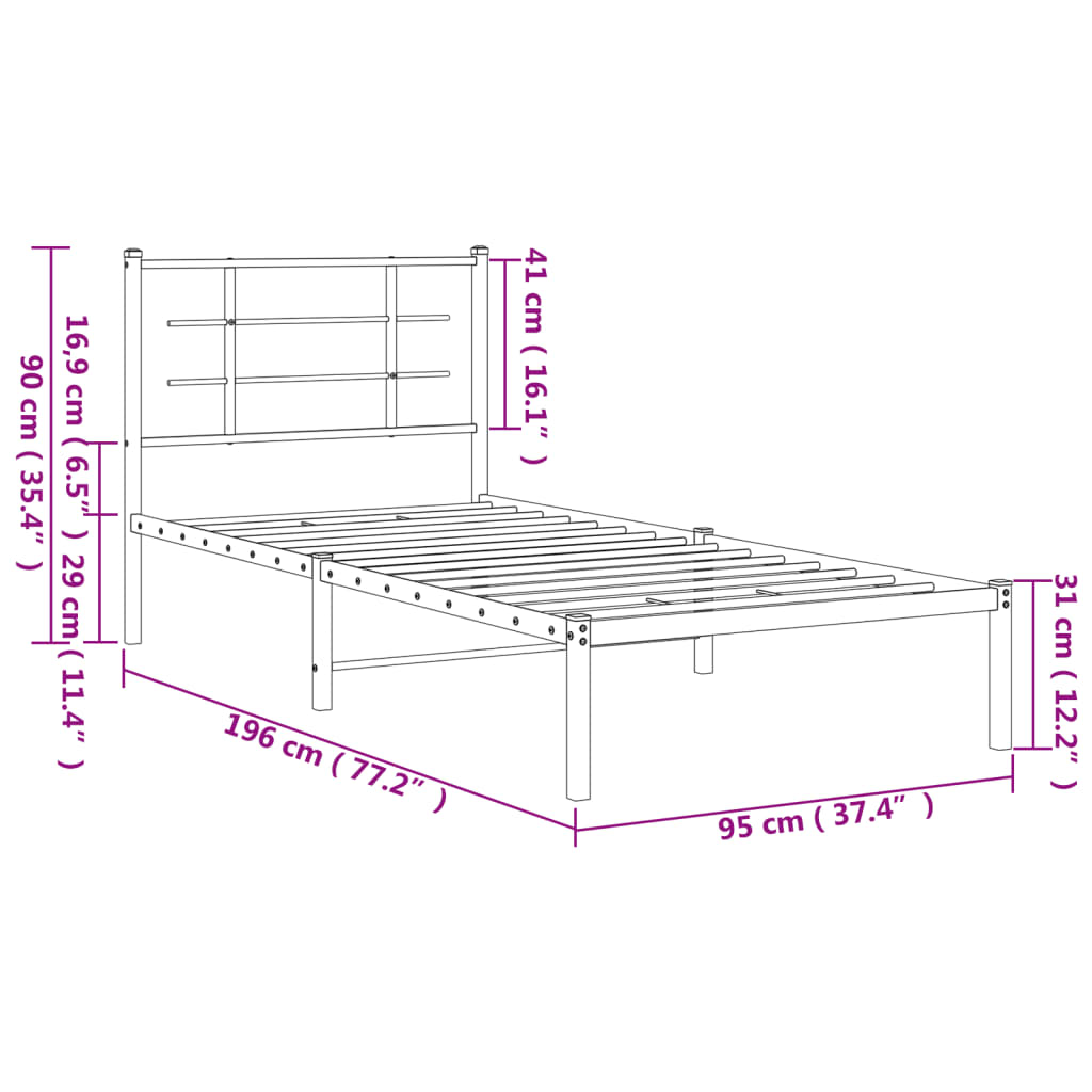 vidaXL Metal Bed Frame without Mattress with Headboard White 90x190 cm Single