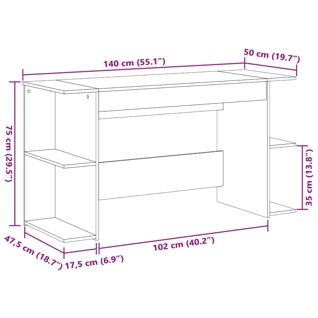 vidaXL Desk White 140x50x75 cm Engineered Wood