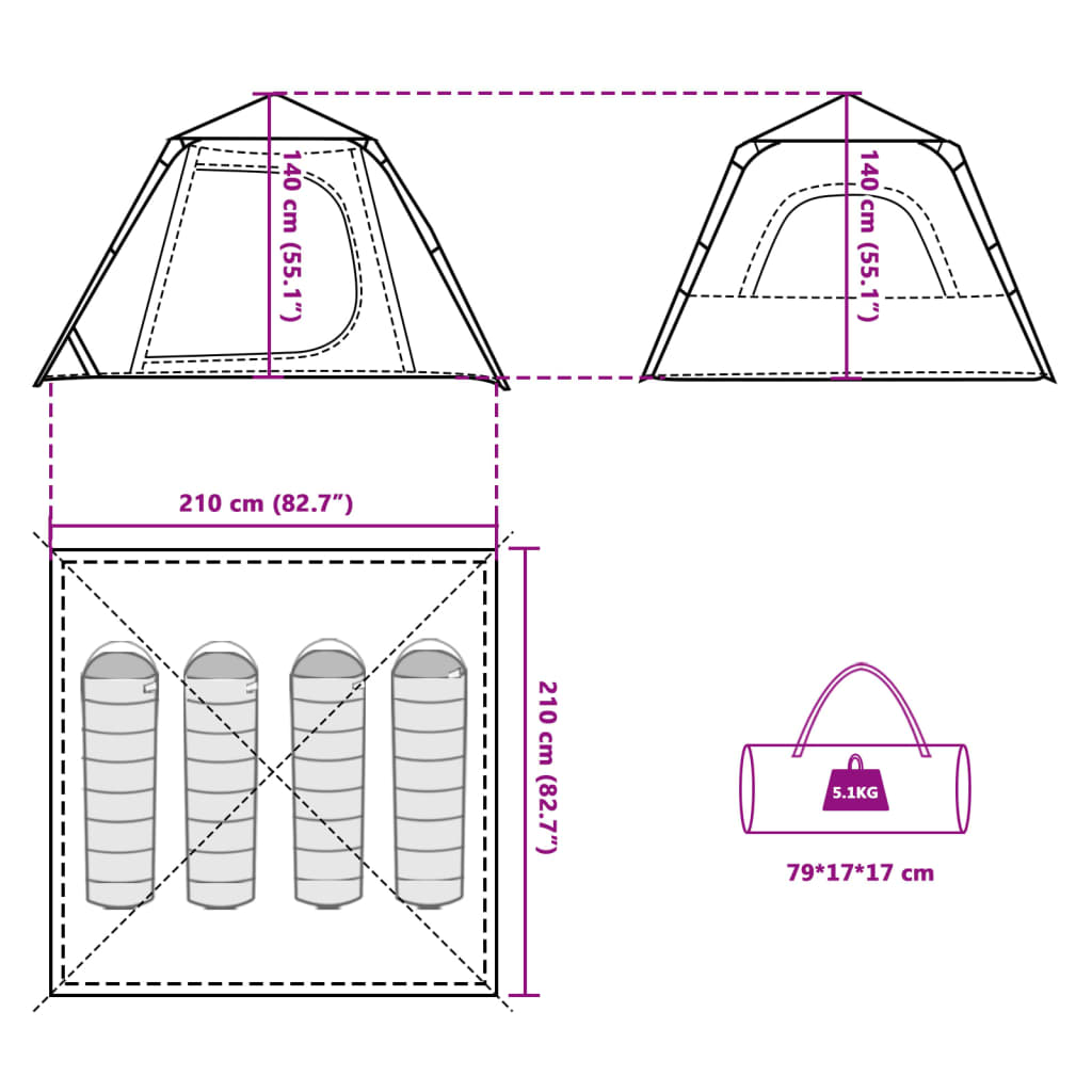 vidaXL Camping Tent Dome 4-Person Blue Quick Release