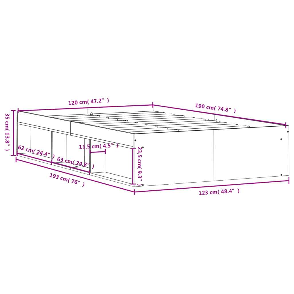 vidaXL Bed Frame without Mattress Concrete Grey 120x190 cm Small Double