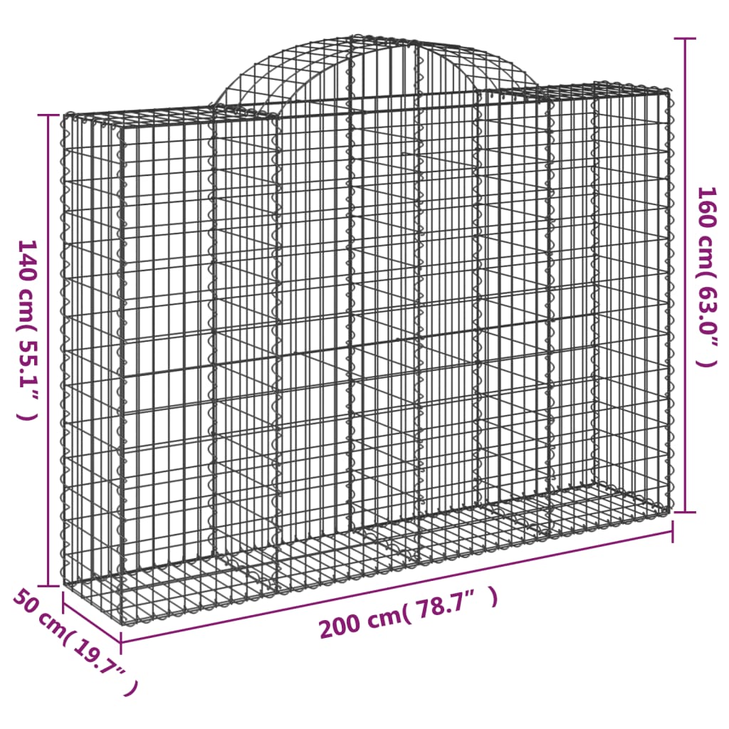 vidaXL Arched Gabion Baskets 7 pcs 200x50x140/160 cm Galvanised Iron