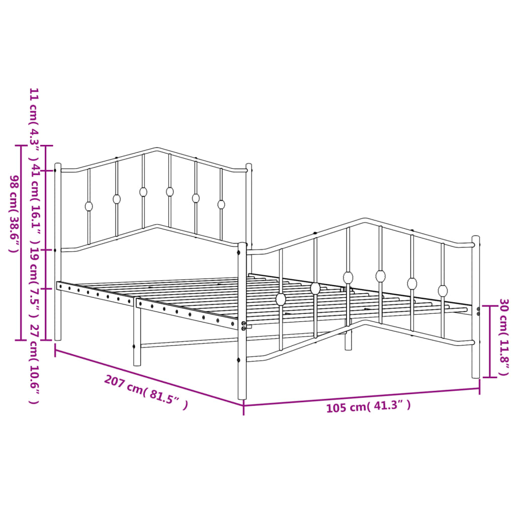 vidaXL Metal Bed Frame without Mattress with Footboard Black 100x200 cm