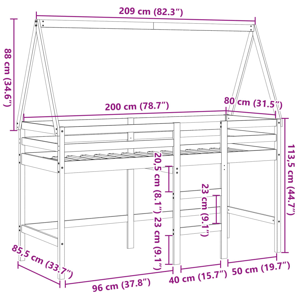 vidaXL Loft Bed with Ladder and Roof without Mattress White 80x200 cm