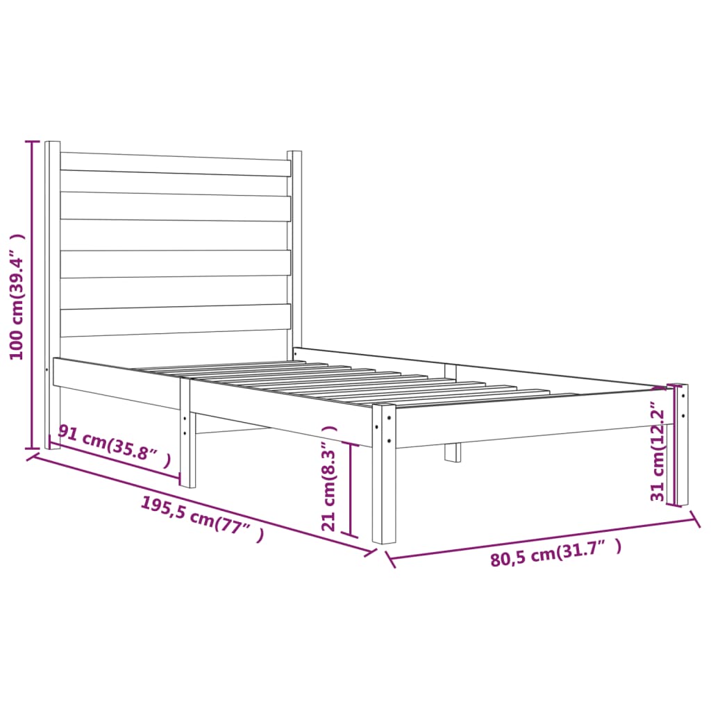 vidaXL Bed Frame without Mattress Black Solid Wood Small Single