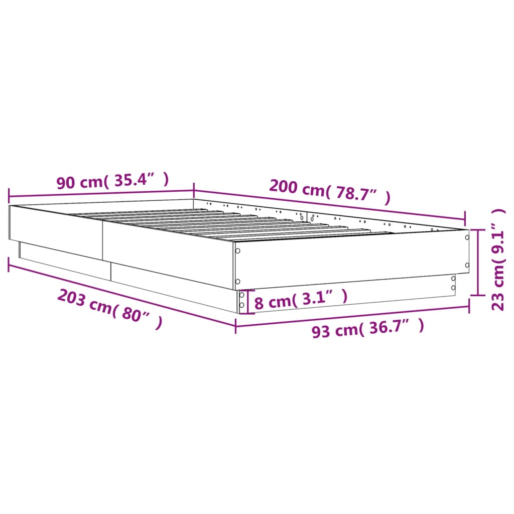 vidaXL Bed Frame without Mattress with LED Lights Brown Oak 90x200 cm