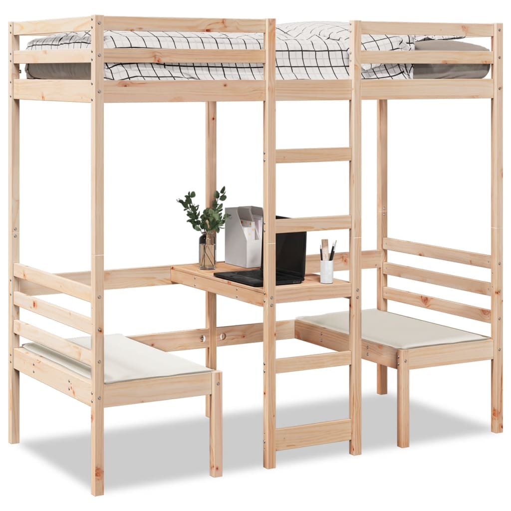 vidaXL Loft Bed Frame with Desk and Chairs 75x190cm Solid Wood Pine