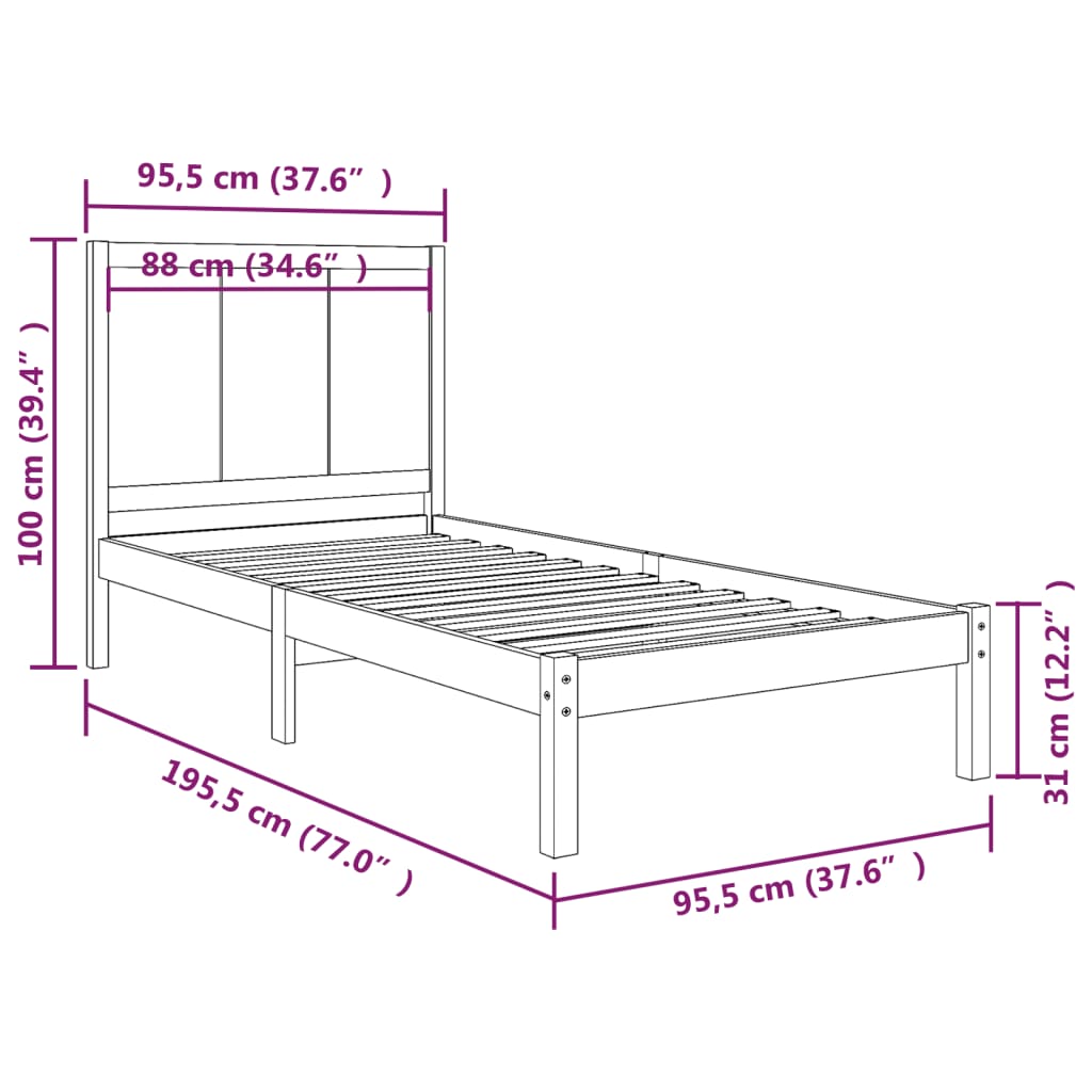 vidaXL Bed Frame without Mattress Black 90x190 cm Single Solid Wood Pine