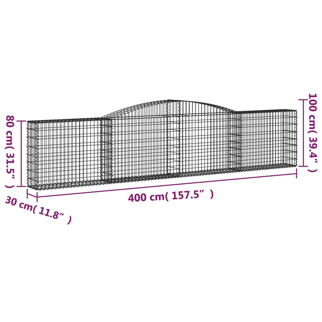 vidaXL Arched Gabion Baskets 10 pcs 400x30x80/100 cm Galvanised Iron