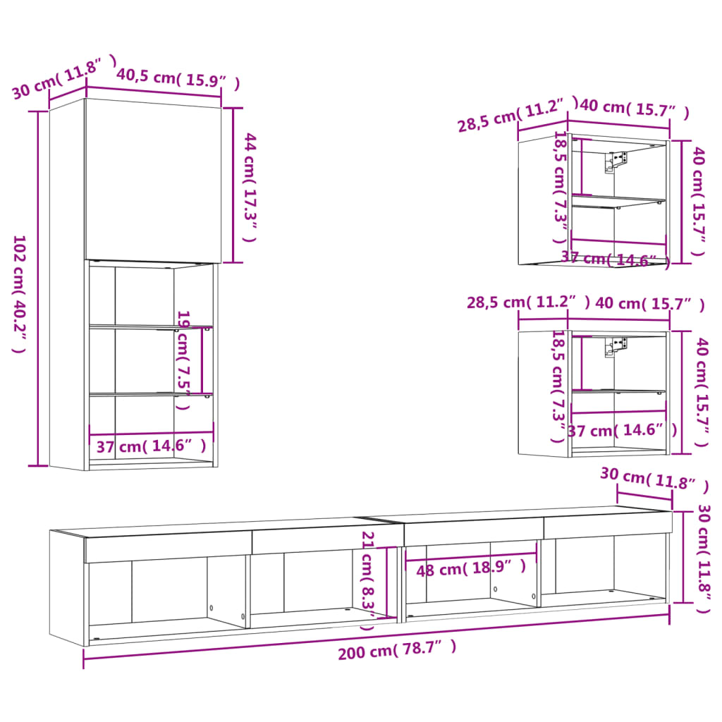 vidaXL 5 Piece TV Wall Units with LED Black Engineered Wood