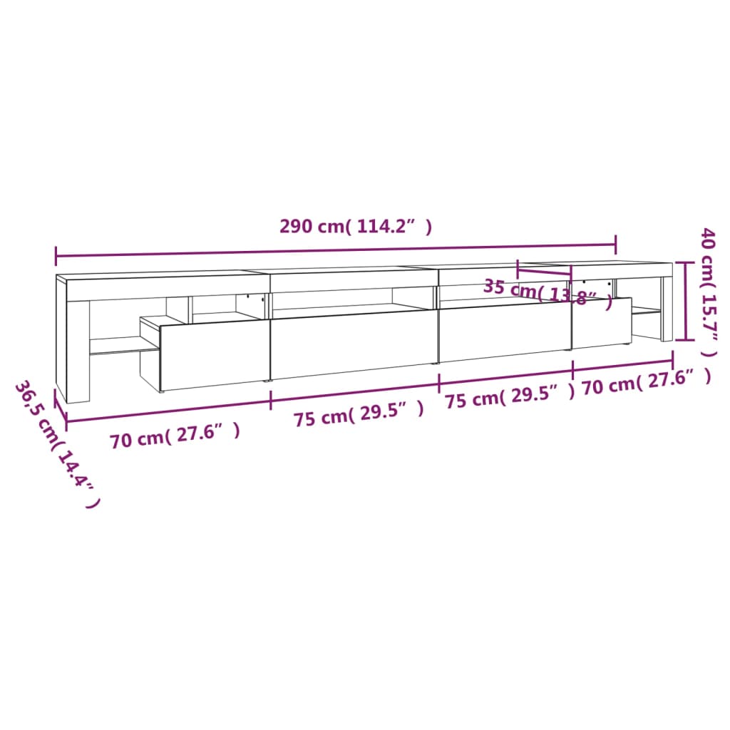 vidaXL TV Cabinet with LED Lights High Gloss White 290x36.5x40 cm