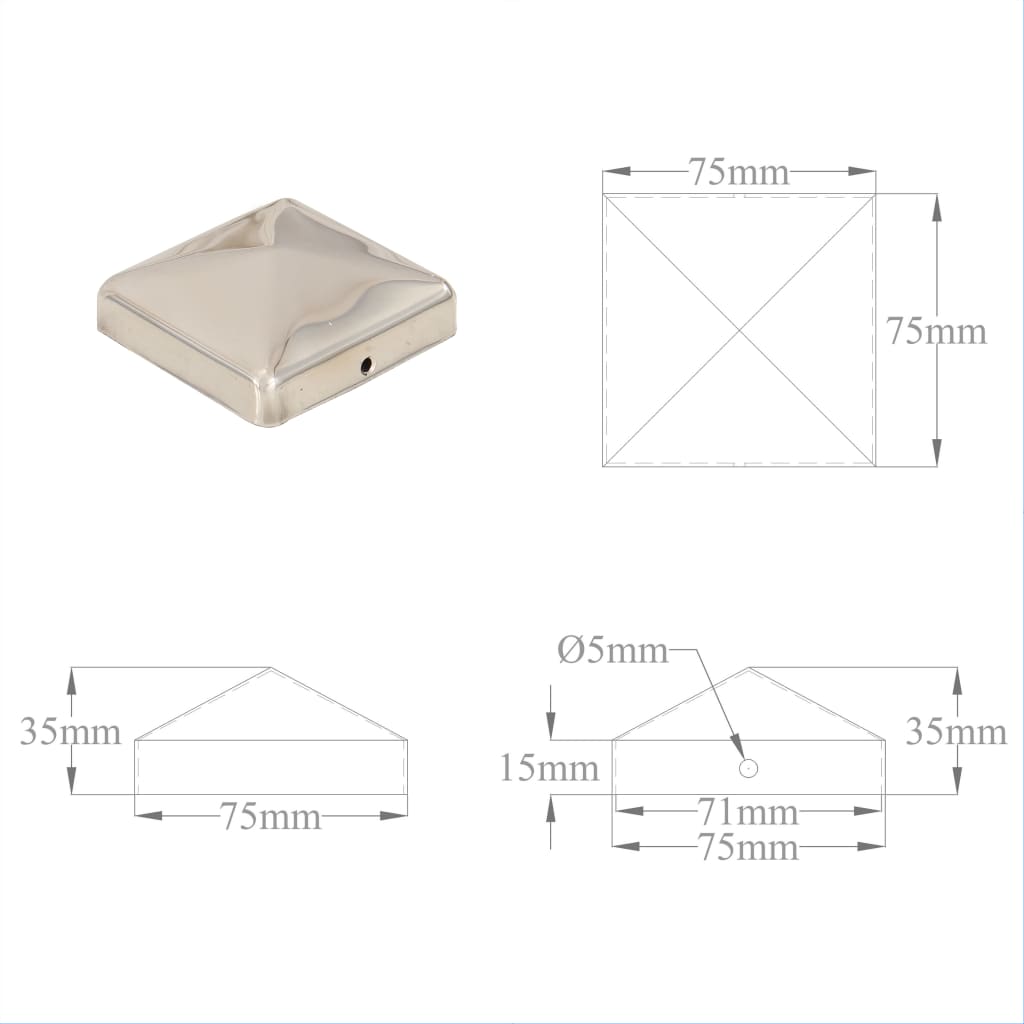 vidaXL Pyramid Fence Post Caps 6 pcs Stainless Steel 71x71 mm