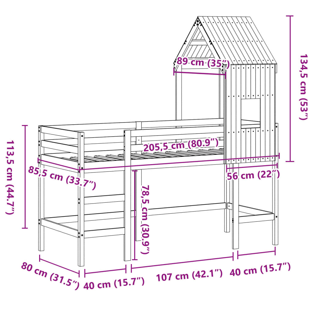 vidaXL Loft Bed with Ladder and Roof without Mattress 80x200 cm