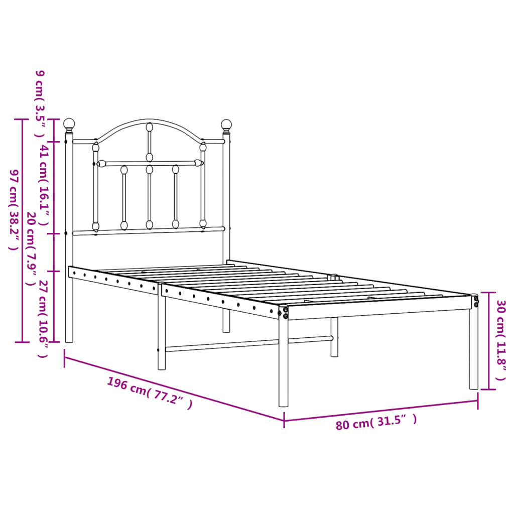 vidaXL Metal Bed Frame without Mattress with Headboard White 75x190 cm Small Single