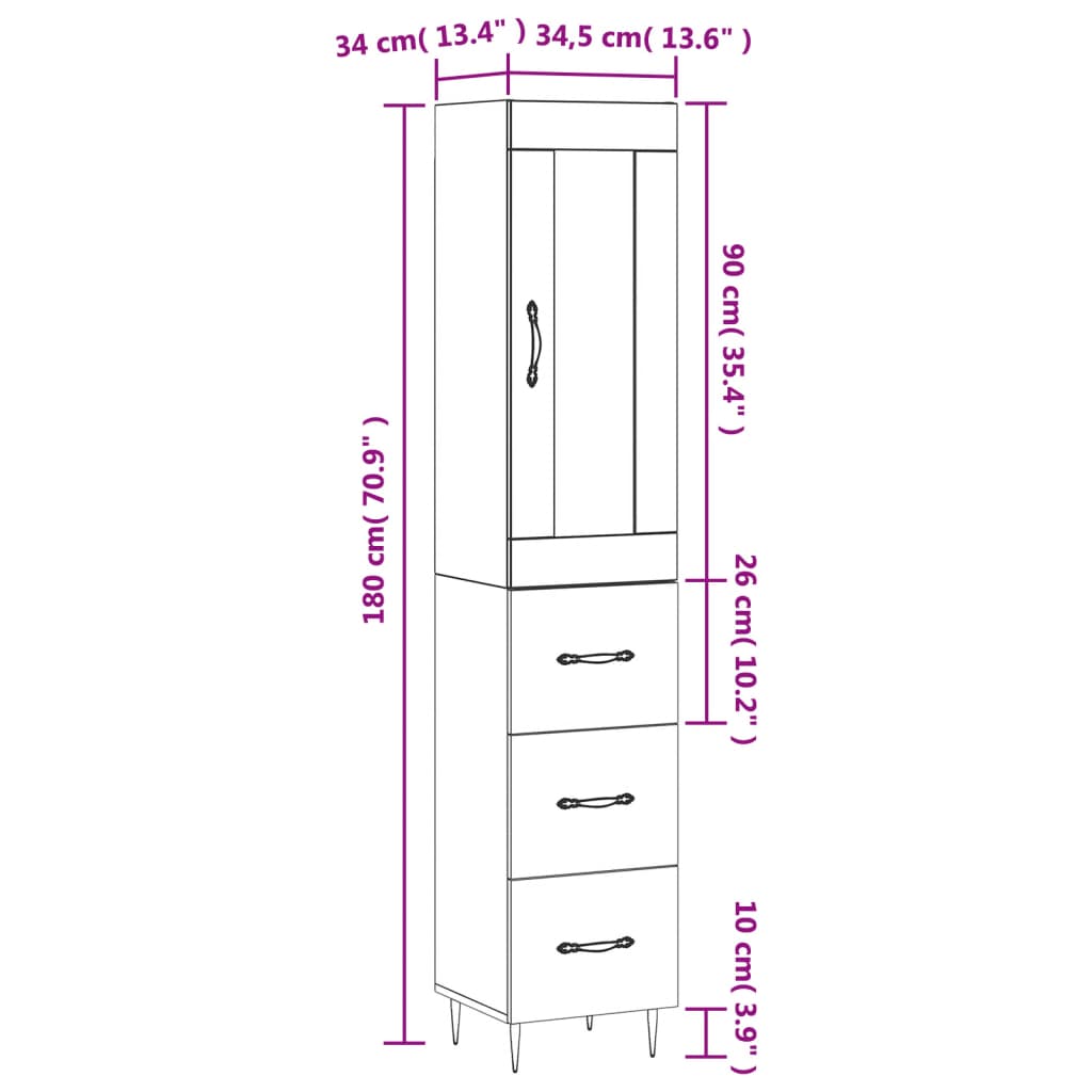 vidaXL Highboard Concrete Grey 34.5x34x180 cm Engineered Wood