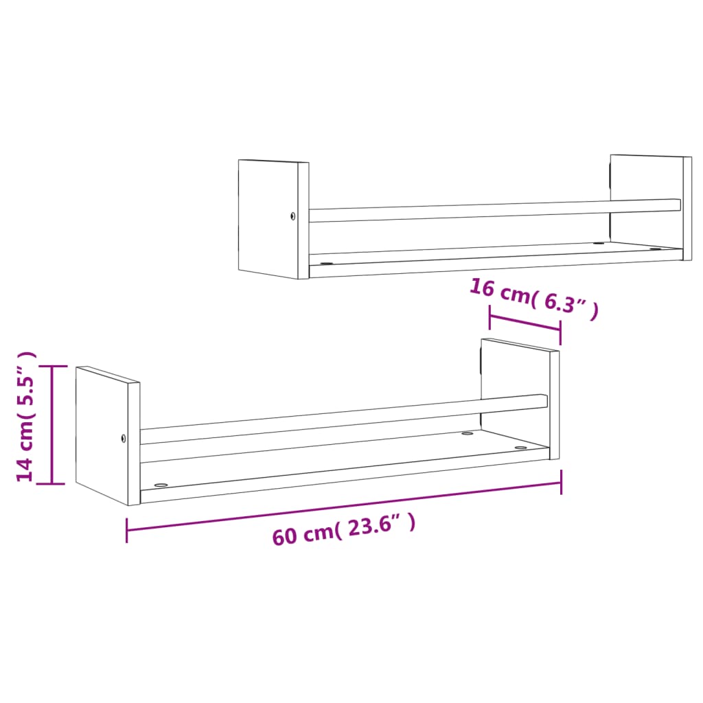 vidaXL Wall Shelves with Bars 2 pcs Brown Oak 60x16x14 cm