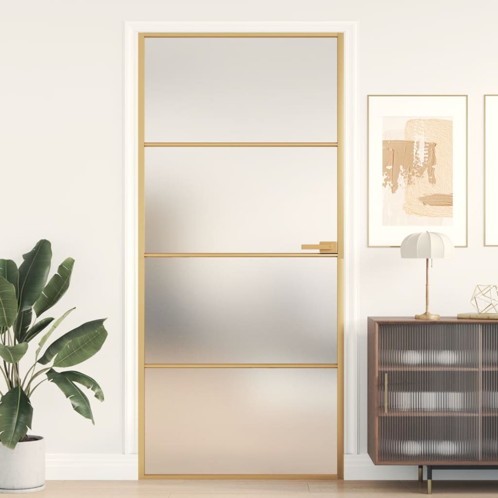 vidaXL Interior Door Slim Golden 93x201.5 cm Tempered Glass and Aluminium