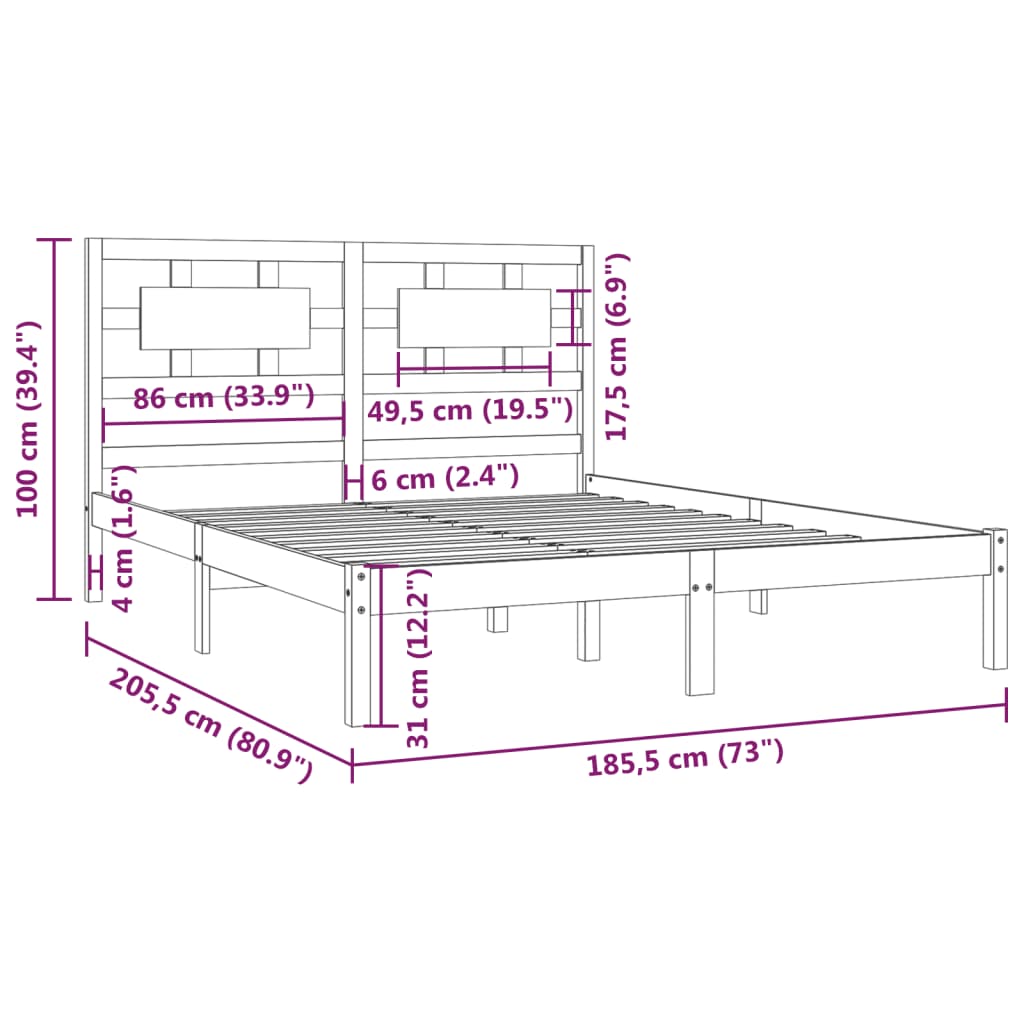 vidaXL Bed Frame without Mattress Grey 180x200 cm Super King Solid Wood Pine