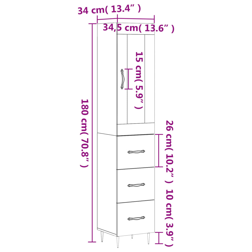 vidaXL Highboard White 34.5x34x180 cm Engineered Wood