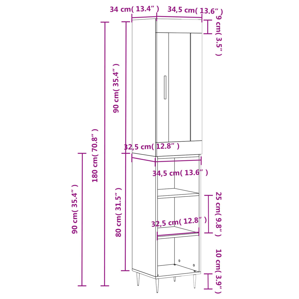 vidaXL Highboard Black 34.5x34x180 cm Engineered Wood