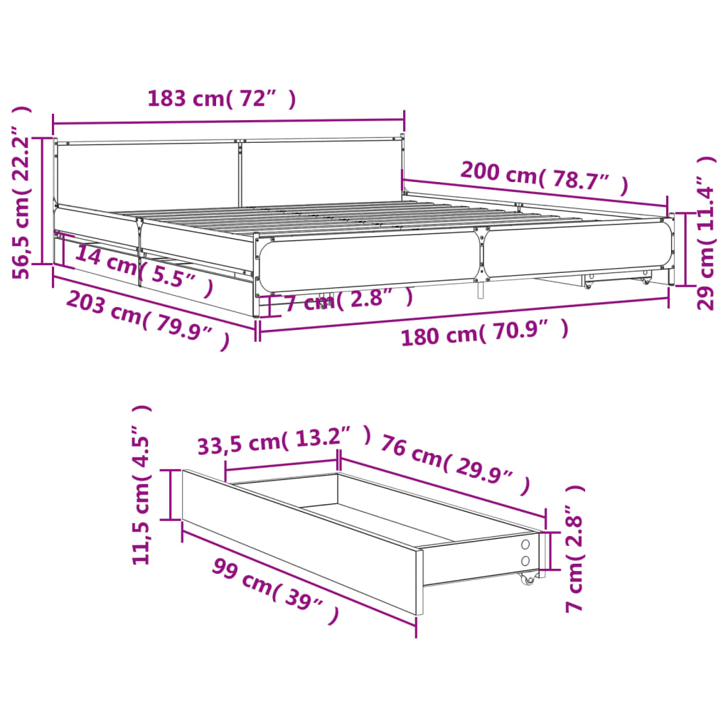 vidaXL Bed Frame with Drawers without Mattress Black 180x200 cm Super King