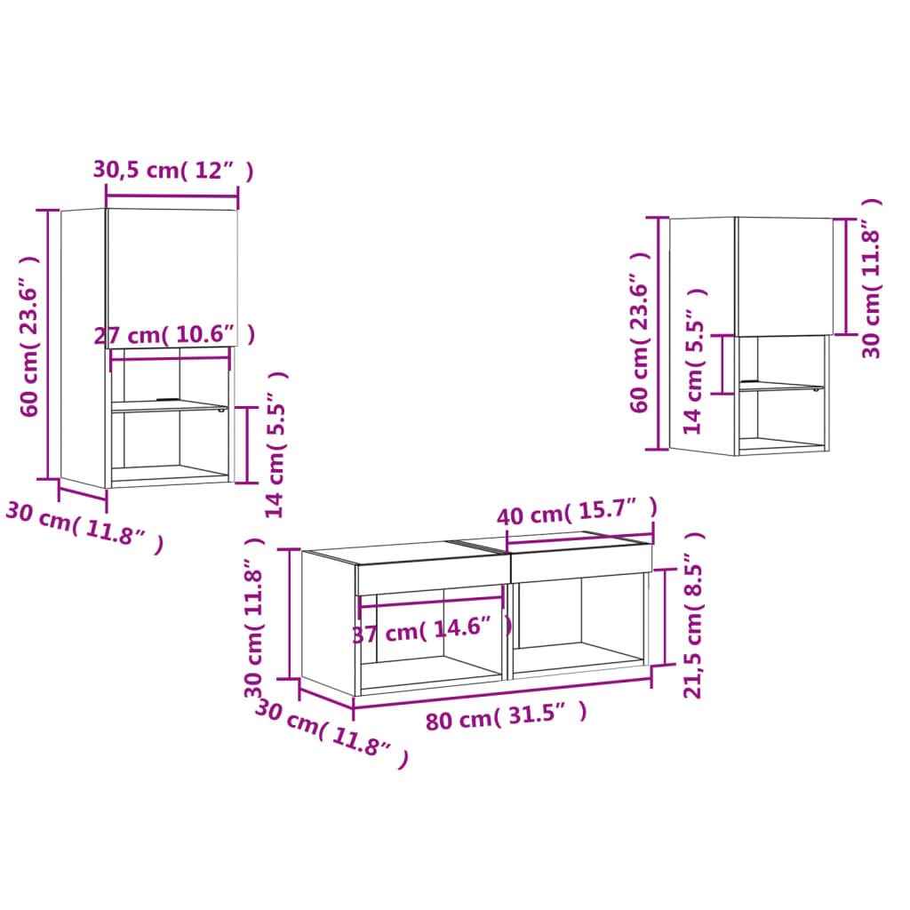 vidaXL 4 Piece TV Wall Cabinets with LED Lights Brown Oak