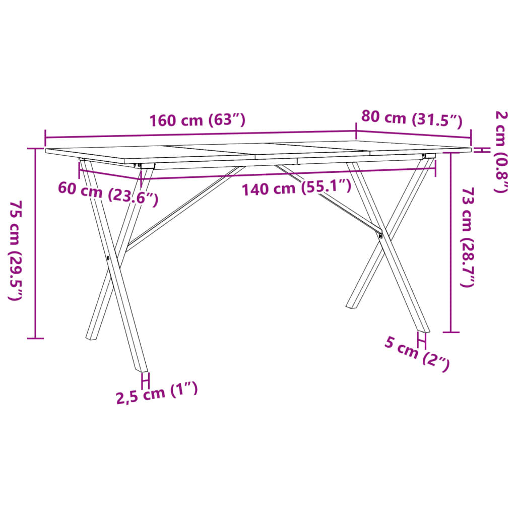 vidaXL Dining Table X-Frame 160x80x75 cm Solid Wood Pine and Cast Iron