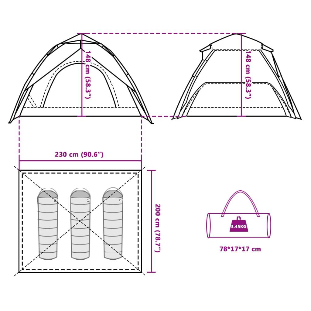 vidaXL Camping Tent Dome 3-Person Blue Quick Release