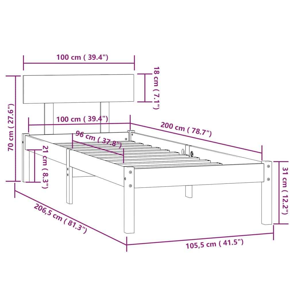 vidaXL Bed Frame without Mattress White Solid Wood 100x200 cm